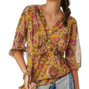 Anthropologie Gold & Floral Gretchen Smocked Tunic Floral Boho Top - Size Small